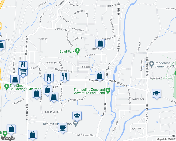 map of restaurants, bars, coffee shops, grocery stores, and more near 20804 Boulderfield Avenue in Bend
