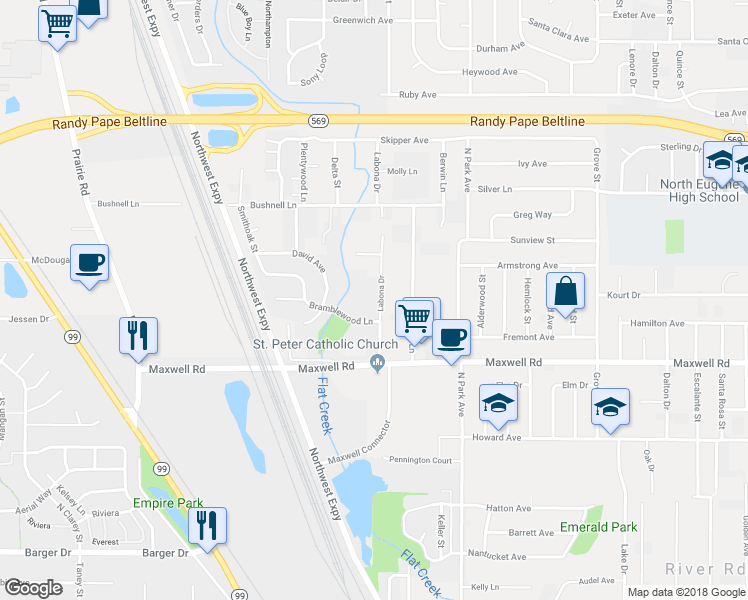 map of restaurants, bars, coffee shops, grocery stores, and more near 1846 Labona Drive in Eugene