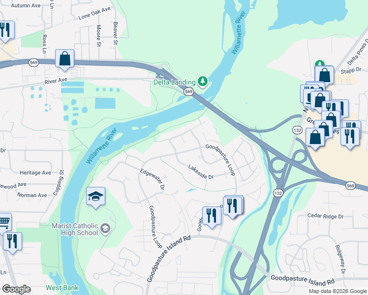map of restaurants, bars, coffee shops, grocery stores, and more near 3234 Riverplace Drive in Eugene