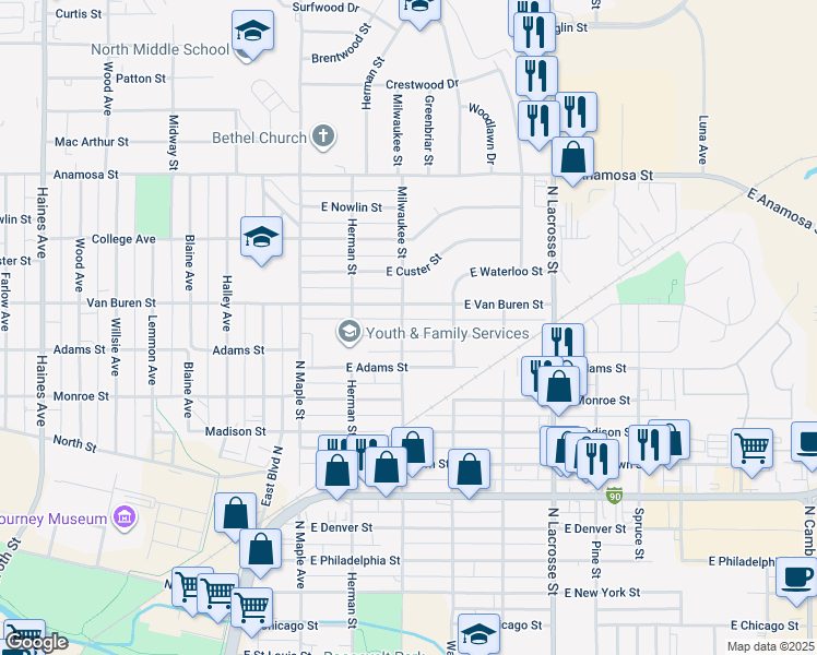 map of restaurants, bars, coffee shops, grocery stores, and more near 302 East Jackson Street in Rapid City
