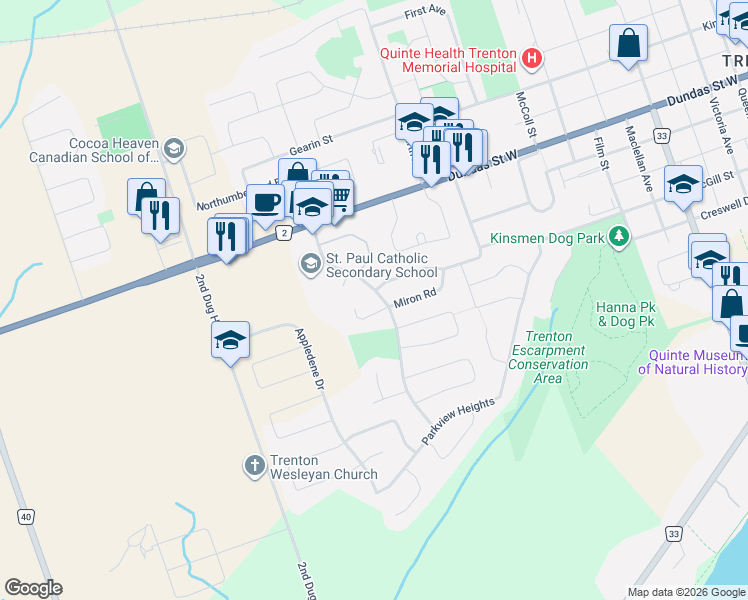 map of restaurants, bars, coffee shops, grocery stores, and more near 69 Tripp Boulevard in Quinte West