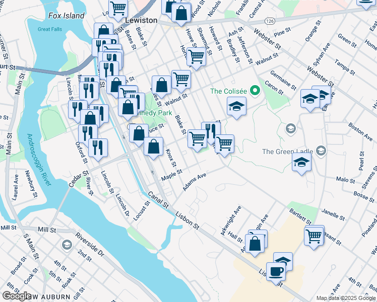 map of restaurants, bars, coffee shops, grocery stores, and more near 233 Blake Street in Lewiston