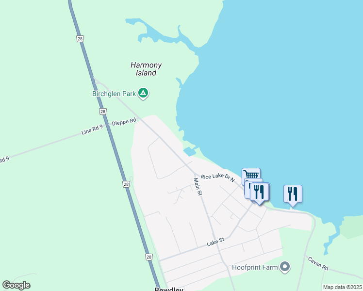 map of restaurants, bars, coffee shops, grocery stores, and more near 5199 Rice Lake Drive North in Bailieboro