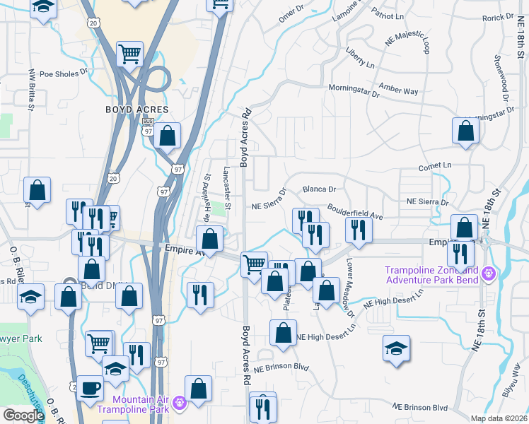 map of restaurants, bars, coffee shops, grocery stores, and more near 20593 Northeast Sierra Drive in Bend