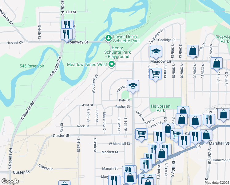 map of restaurants, bars, coffee shops, grocery stores, and more near 803 Forest Circle in Manitowoc