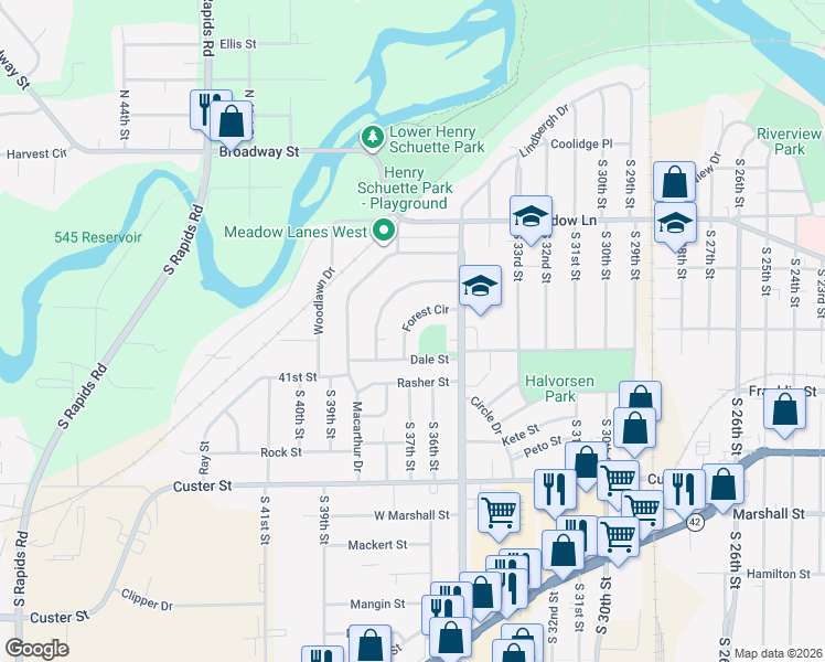 map of restaurants, bars, coffee shops, grocery stores, and more near 803 Forest Circle in Manitowoc