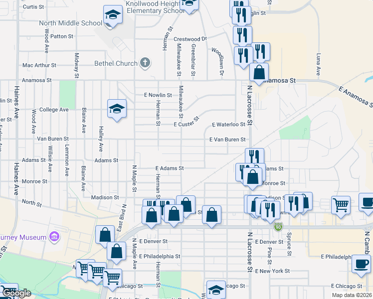 map of restaurants, bars, coffee shops, grocery stores, and more near 302 East Jackson Street in Rapid City