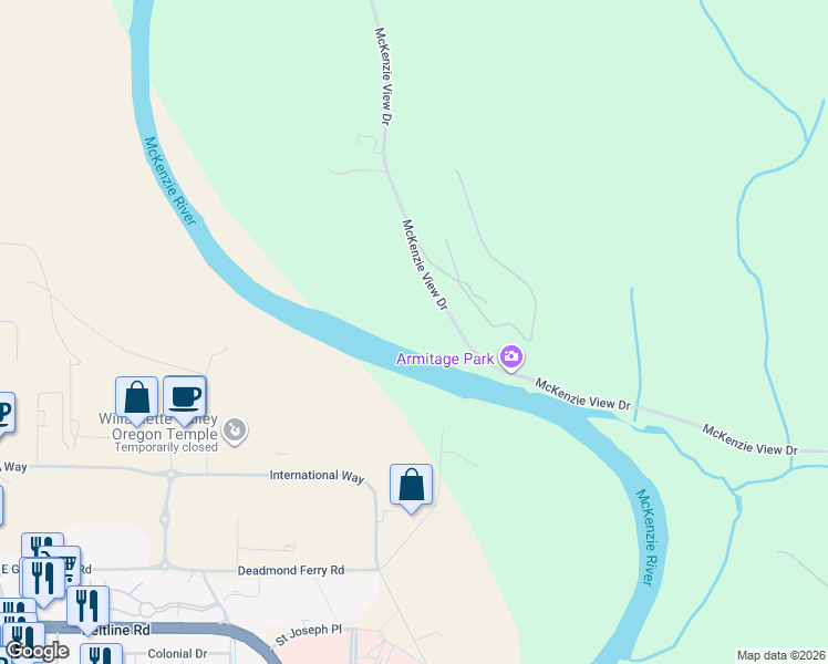 map of restaurants, bars, coffee shops, grocery stores, and more near 33738 McKenzie View Drive in Eugene