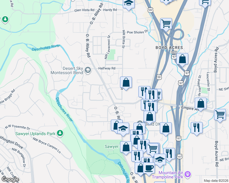 map of restaurants, bars, coffee shops, grocery stores, and more near 20265 Ellie Lane in Bend