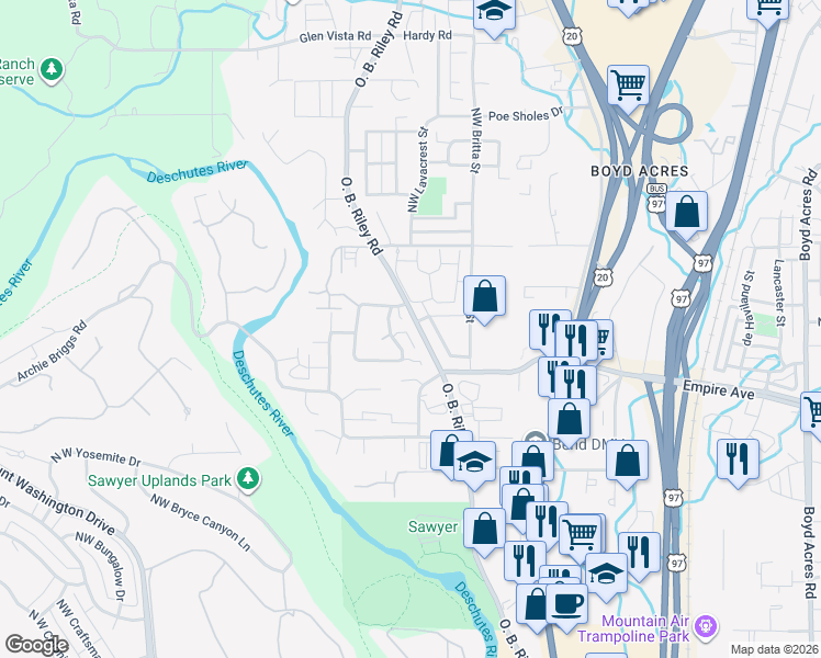 map of restaurants, bars, coffee shops, grocery stores, and more near 63137 O. B. Riley Road in Bend