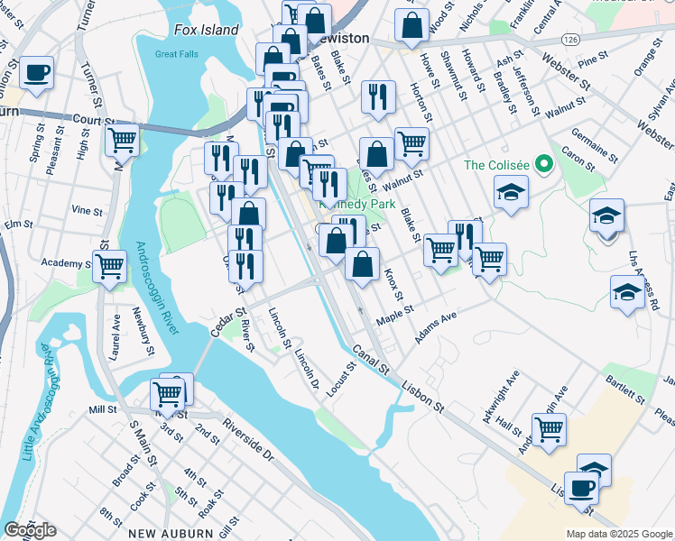 map of restaurants, bars, coffee shops, grocery stores, and more near 379 Lisbon Street in Lewiston