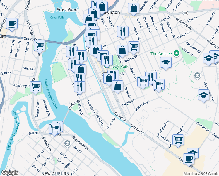 map of restaurants, bars, coffee shops, grocery stores, and more near 379 Lisbon Street in Lewiston