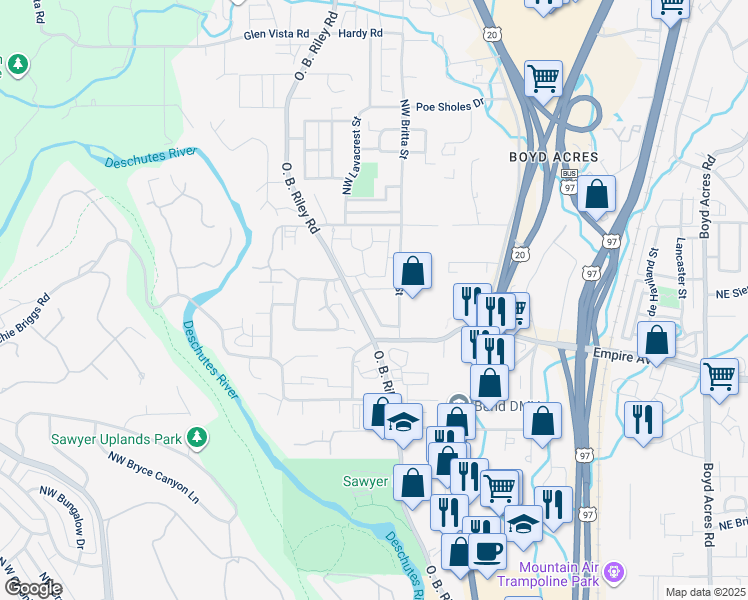 map of restaurants, bars, coffee shops, grocery stores, and more near 20265 Ellie Lane in Bend