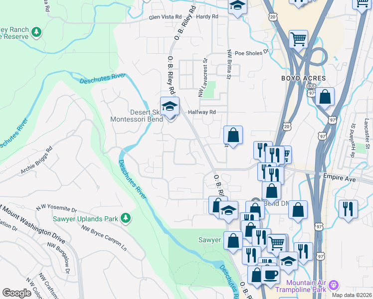 map of restaurants, bars, coffee shops, grocery stores, and more near 20242 Northwest Tristen Way in Bend