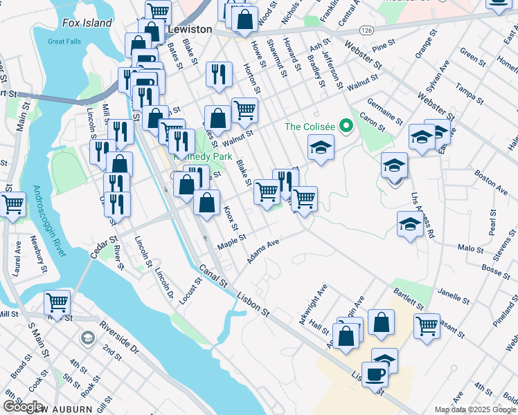 map of restaurants, bars, coffee shops, grocery stores, and more near 233 Blake Street in Lewiston