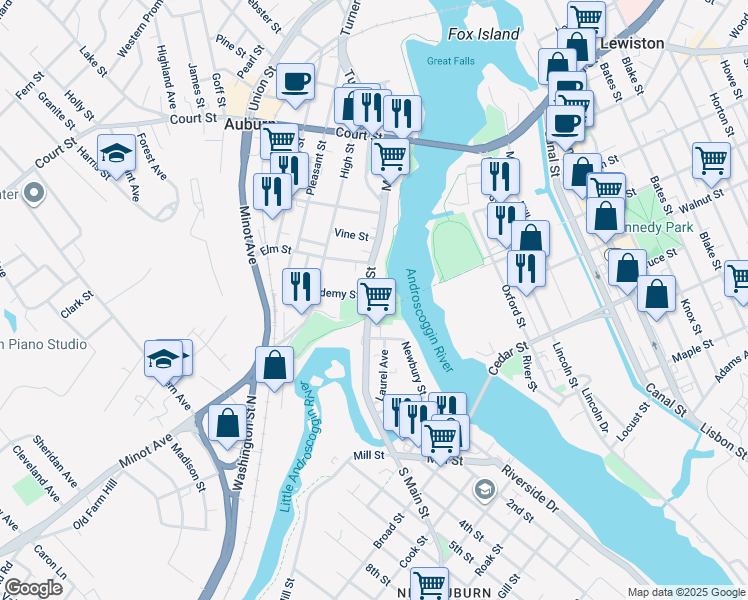 map of restaurants, bars, coffee shops, grocery stores, and more near 272 Maine 136 in Auburn
