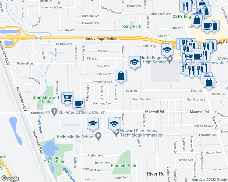 map of restaurants, bars, coffee shops, grocery stores, and more near 1800 Linwood Street in Eugene