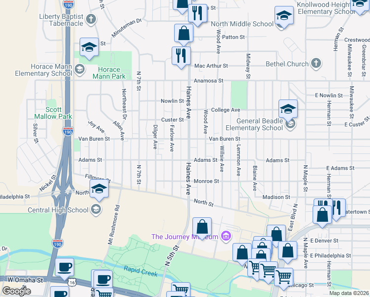 map of restaurants, bars, coffee shops, grocery stores, and more near 821 Haines Avenue in Rapid City