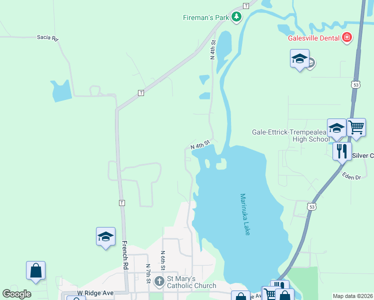 map of restaurants, bars, coffee shops, grocery stores, and more near N17464 North 4th Street in Galesville