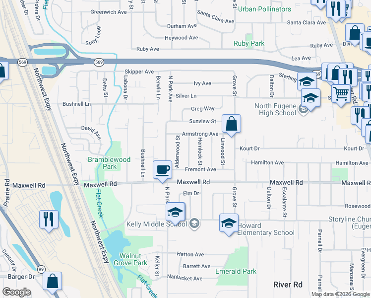 map of restaurants, bars, coffee shops, grocery stores, and more near 1808 Brentwood Avenue in Eugene