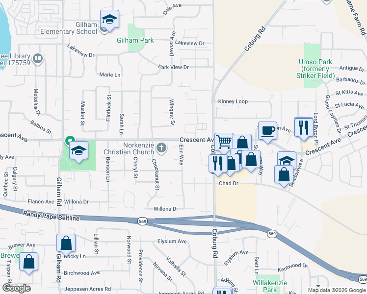 map of restaurants, bars, coffee shops, grocery stores, and more near 2671 Erin Way in Eugene