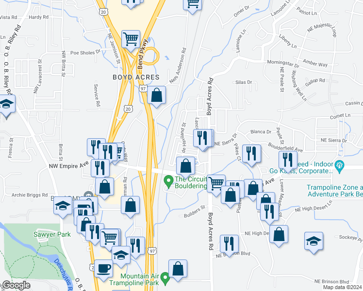 map of restaurants, bars, coffee shops, grocery stores, and more near 63151 de Haviland Street in Bend