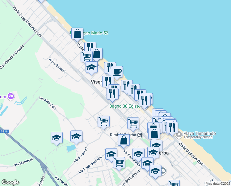 map of restaurants, bars, coffee shops, grocery stores, and more near 1 Viale Pedrizzi in Rimini