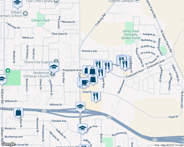 map of restaurants, bars, coffee shops, grocery stores, and more near 2834 Crescent Avenue in Eugene