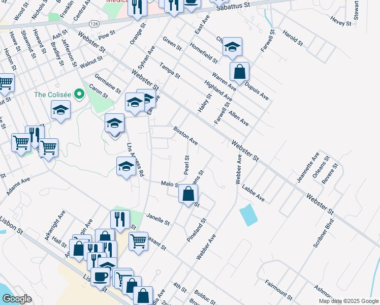 map of restaurants, bars, coffee shops, grocery stores, and more near 12 Pearl Street in Lewiston