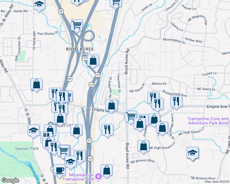 map of restaurants, bars, coffee shops, grocery stores, and more near 63145 Lancaster Street in Bend