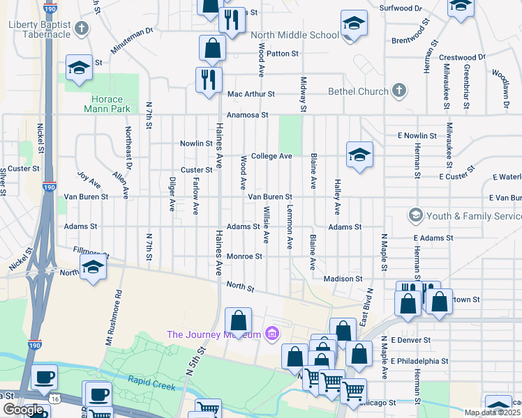 map of restaurants, bars, coffee shops, grocery stores, and more near 821 Willsie Avenue in Rapid City