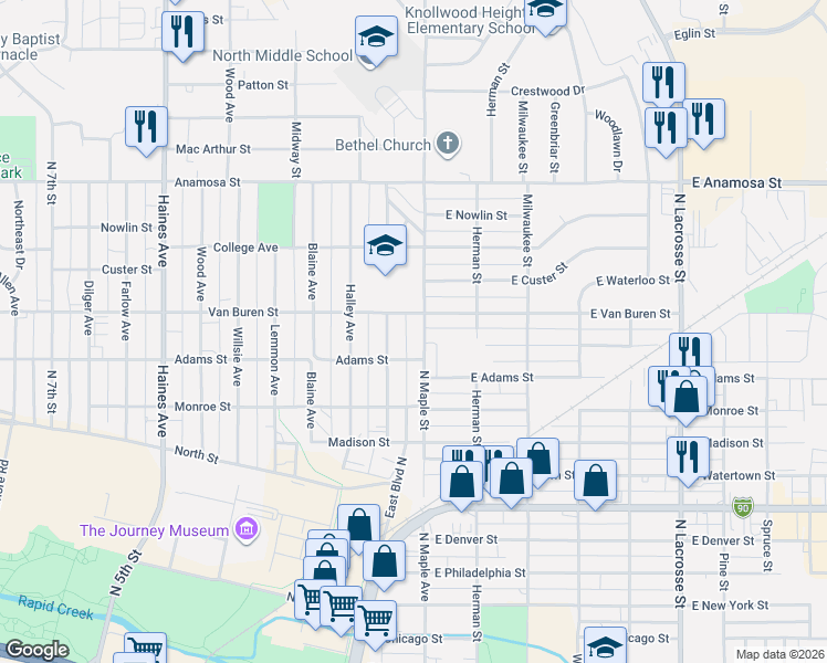 map of restaurants, bars, coffee shops, grocery stores, and more near 821 North Maple Avenue in Rapid City