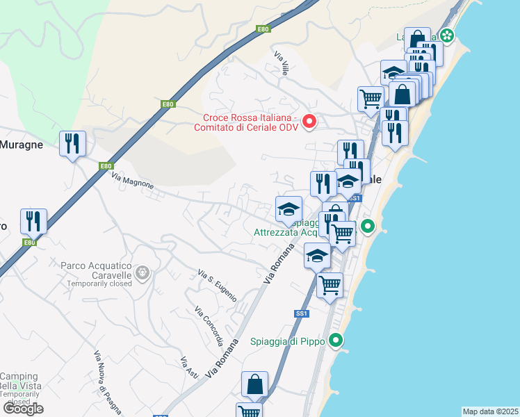 map of restaurants, bars, coffee shops, grocery stores, and more near 4 Via Alba in Ceriale