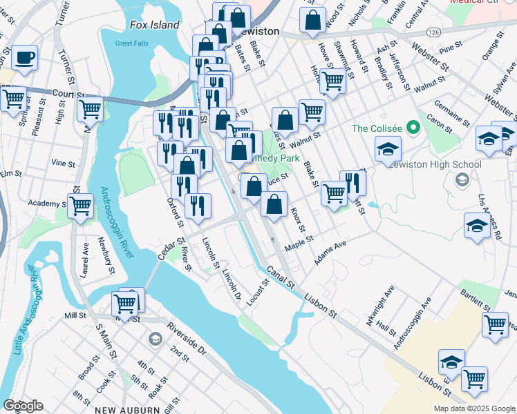 map of restaurants, bars, coffee shops, grocery stores, and more near 379 Lisbon Street in Lewiston