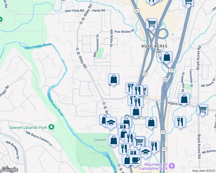 map of restaurants, bars, coffee shops, grocery stores, and more near 20265 Ellie Lane in Bend