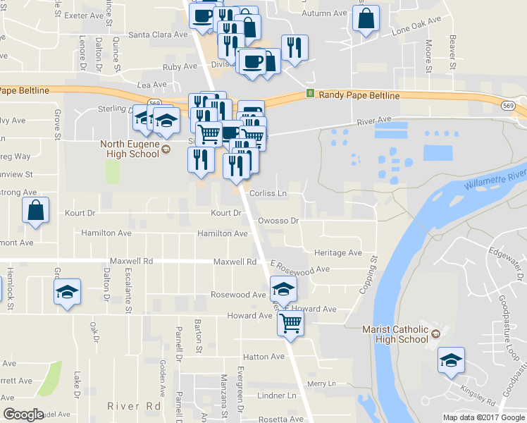 map of restaurants, bars, coffee shops, grocery stores, and more near 25 Owosso Drive in Eugene