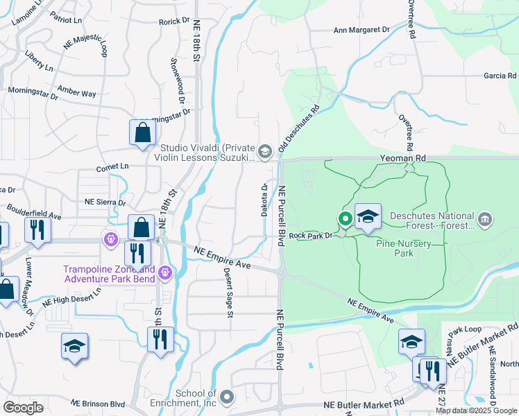 map of restaurants, bars, coffee shops, grocery stores, and more near 63139 Dakota Drive in Bend