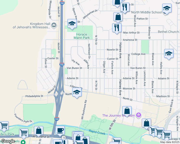 map of restaurants, bars, coffee shops, grocery stores, and more near 818 Allen Avenue in Rapid City