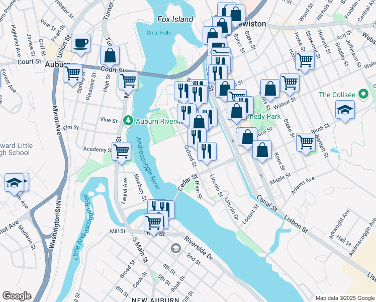 map of restaurants, bars, coffee shops, grocery stores, and more near 66 Oxford Street in Lewiston