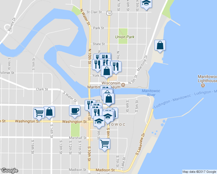 map of restaurants, bars, coffee shops, grocery stores, and more near 2 North 8th Street in Manitowoc