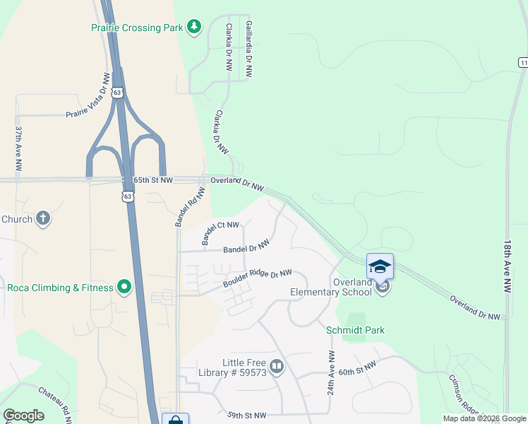 map of restaurants, bars, coffee shops, grocery stores, and more near 6427 Bandel Hills Lane Northwest in Rochester