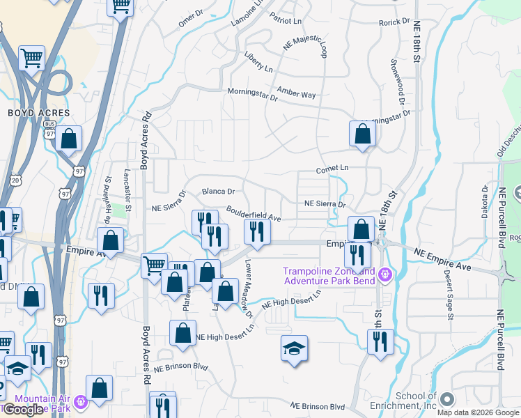 map of restaurants, bars, coffee shops, grocery stores, and more near 63141 Northeast Meridian Place in Bend