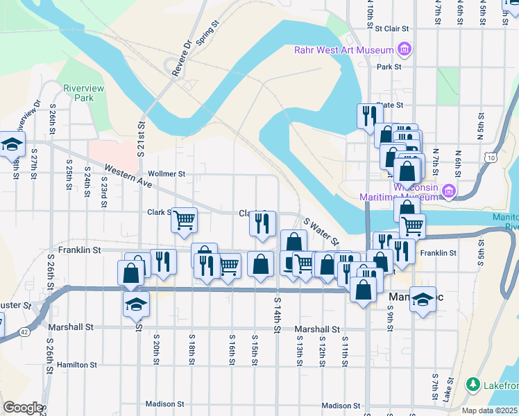 map of restaurants, bars, coffee shops, grocery stores, and more near 1424 Clark Street in Manitowoc