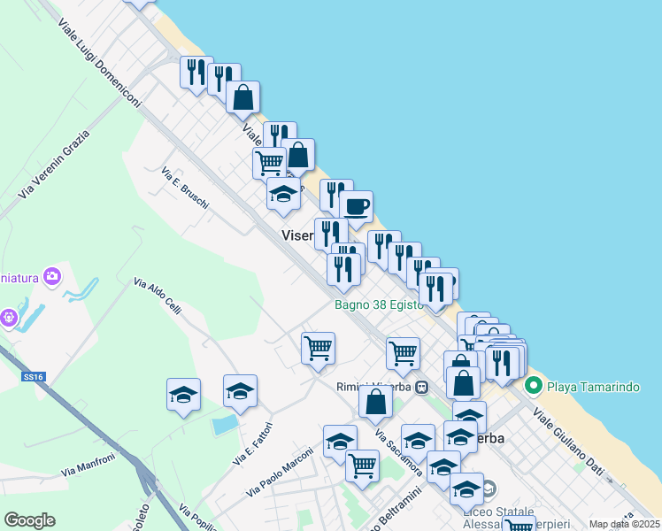 map of restaurants, bars, coffee shops, grocery stores, and more near 13 Viale Petropoli in Rimini