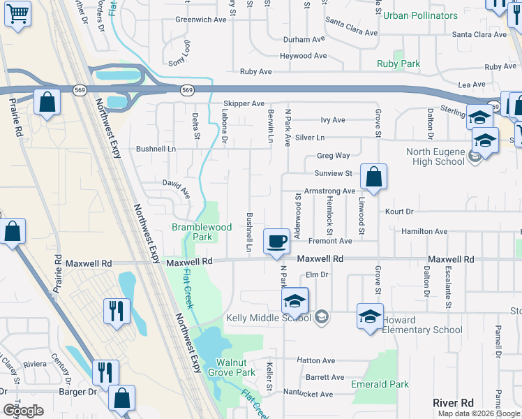 map of restaurants, bars, coffee shops, grocery stores, and more near 1810 Berwin Lane in Eugene
