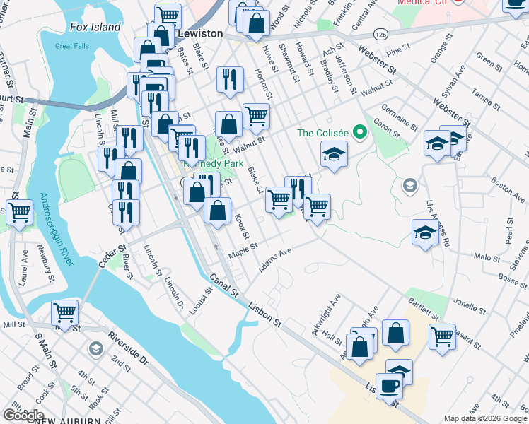 map of restaurants, bars, coffee shops, grocery stores, and more near 233 Blake Street in Lewiston