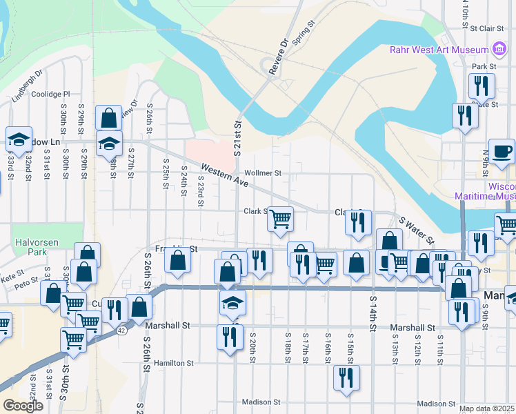 map of restaurants, bars, coffee shops, grocery stores, and more near 1914 Clark Street in Manitowoc