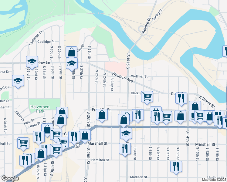 map of restaurants, bars, coffee shops, grocery stores, and more near 2216 Clark Street in Manitowoc