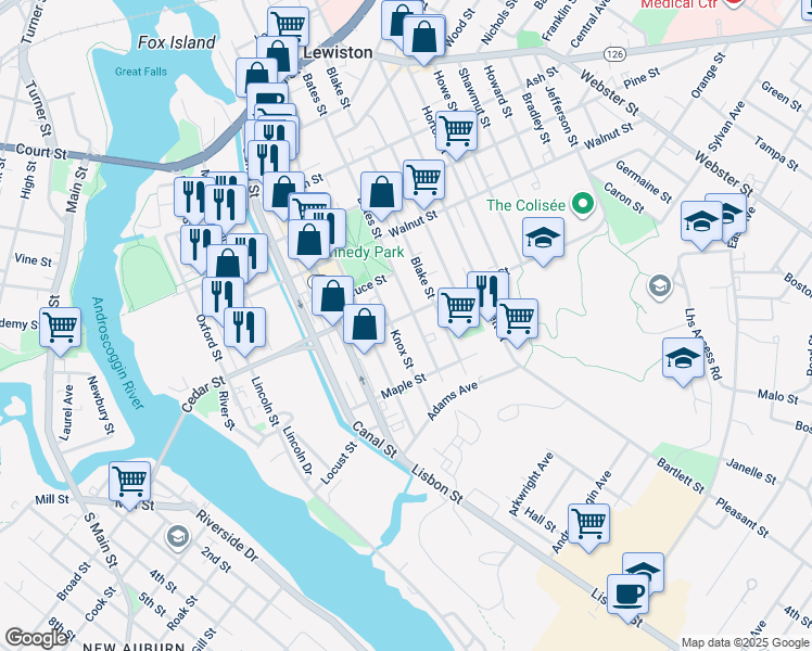 map of restaurants, bars, coffee shops, grocery stores, and more near 283 Bates Street in Lewiston