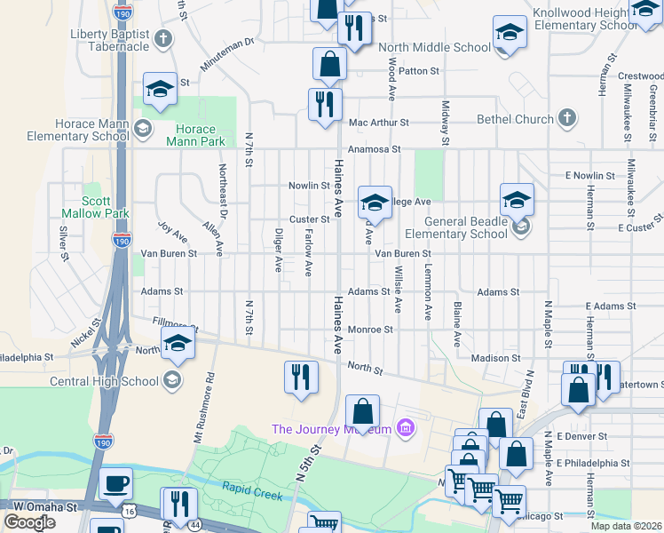 map of restaurants, bars, coffee shops, grocery stores, and more near 823 Haines Avenue in Rapid City